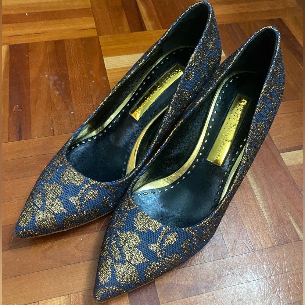 Rupert Sanderson Blue and Gold Heels with Luxurious Brocade
